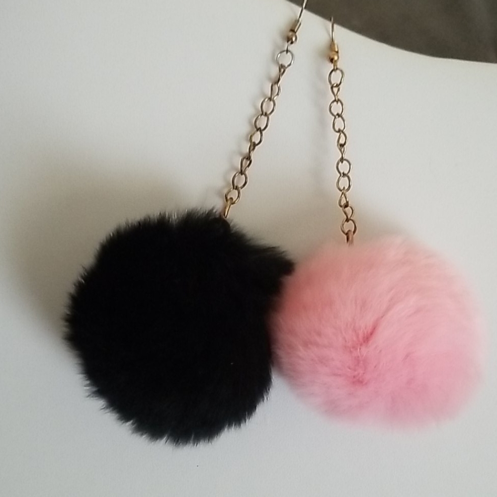 Asymmetrical Black and Pink Pom Pom Earrings